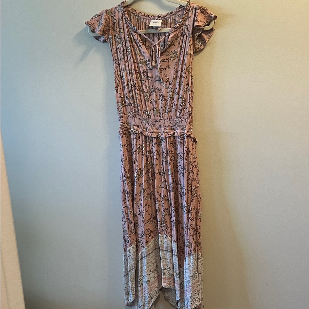 Knox Rose Blush and Cream Cottage Core Handkerchief Floral Boho Dress Size M